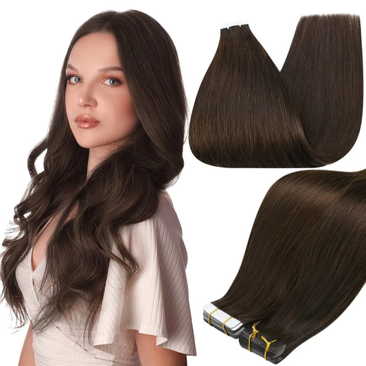 Full Shine Tape-In Hair Extensions – Remy Human Hair, Invisible Skin Weft, Dark Brown